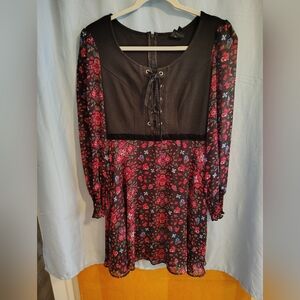 Disney Snow White Inspired Lace Up Floral Long Sleeve Dress Black Red Women's M